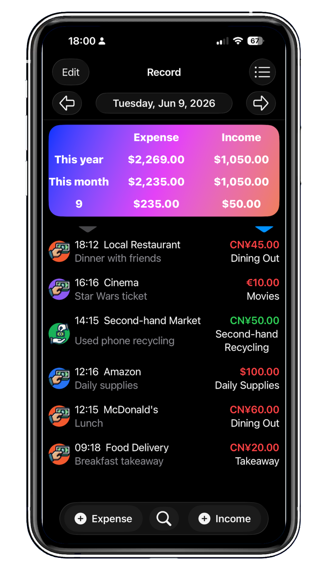 Handy Expense Tracker income and expense records interface