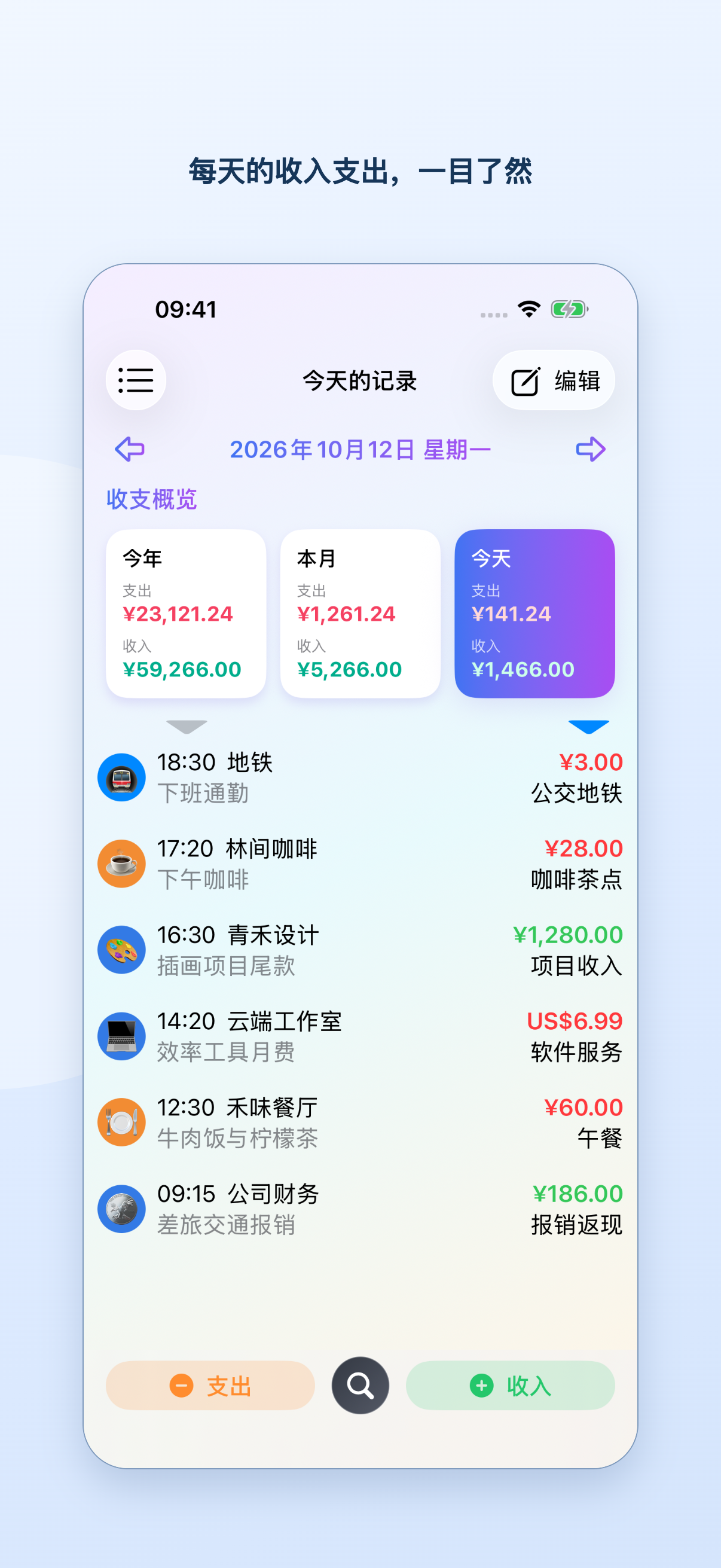 年、月、日收支概览与当天记录