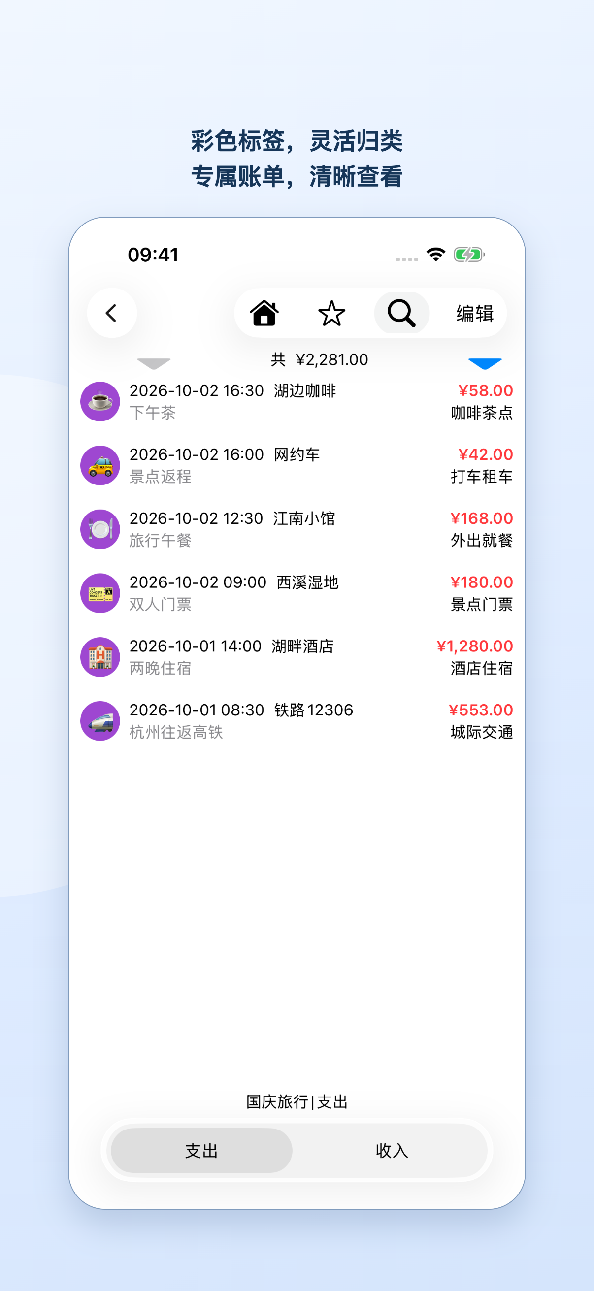 旅行标签下集中显示机票、酒店与日常消费