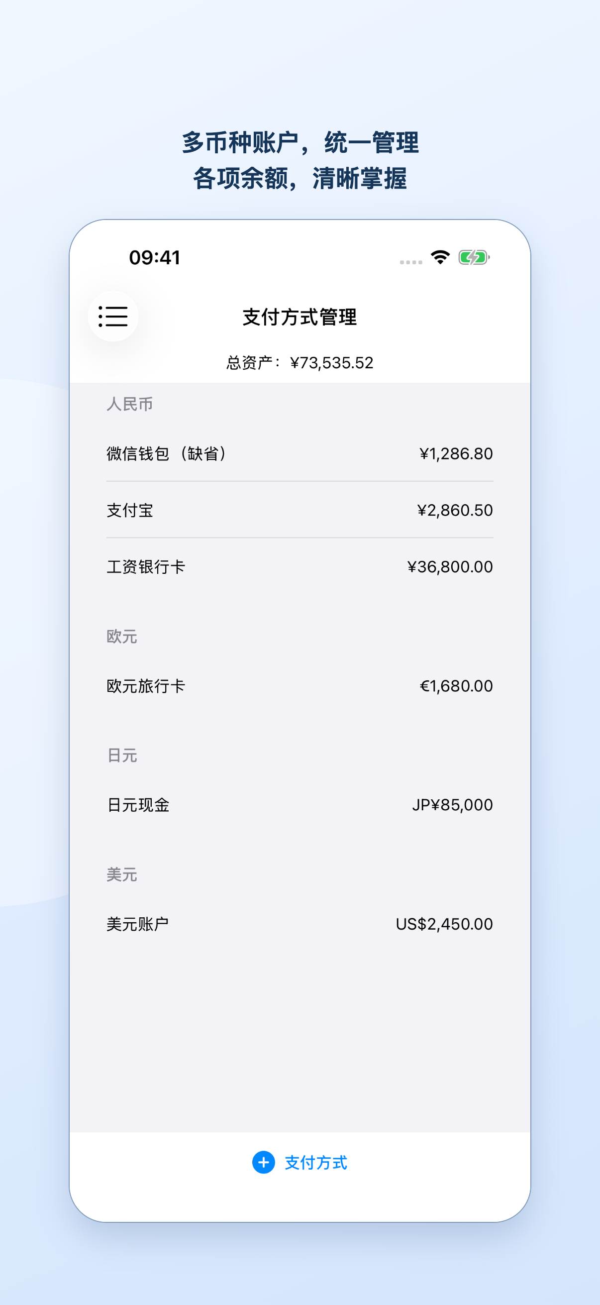 按币种列出的支付方式及余额