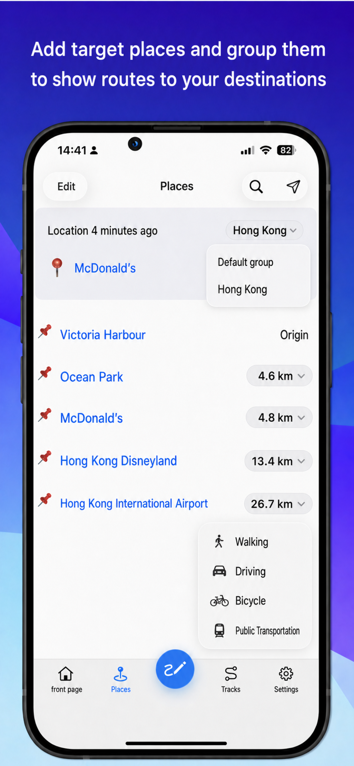 Places page showing group menus, place distances, and walking, driving, cycling, and public transportation options