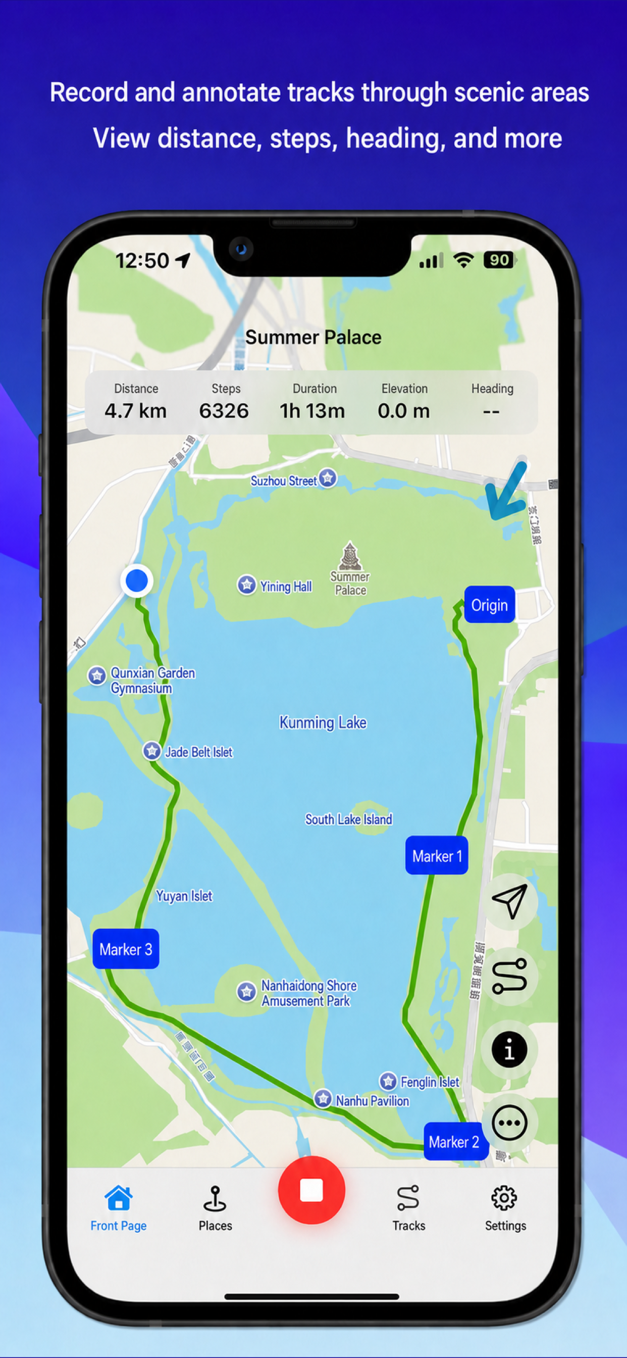 Map while recording a track: the Front Page shows the route, place markers, and statistics