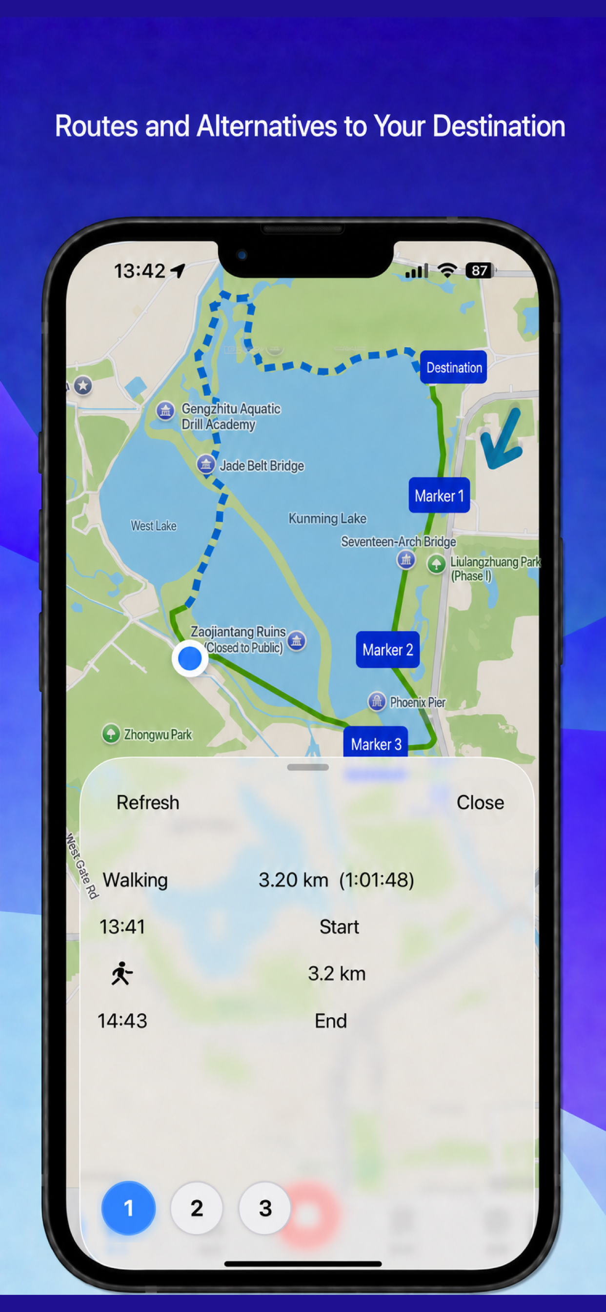 Route details on the map showing multiple candidate routes, distance, and estimated time