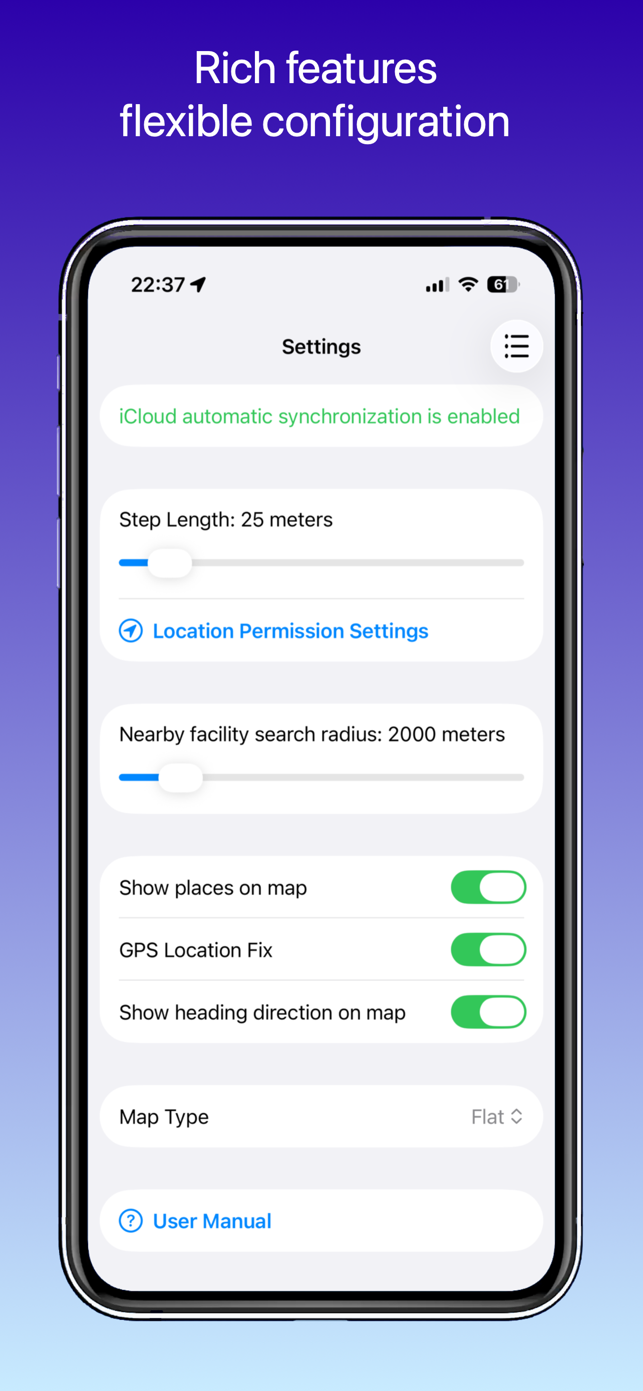 Settings page showing iCloud sync, recording interval, location permission, and map-related options